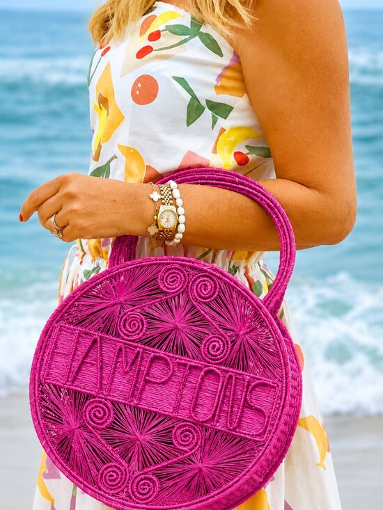 Into the Woods Handbags - Handwoven Rattan Iraca Palm Straw Summer Tote Bag Hamptons Hot Pink Resort